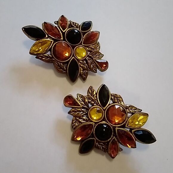 Vintage 80s Amber Black Gold Cluster Clip On Earrings Multi Gem Art Deco MCM - Picture 5 of 8